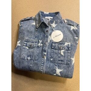 Macaron Star Print Denim Jacket MD52E Acid Wash Blue White Womens Small NWT